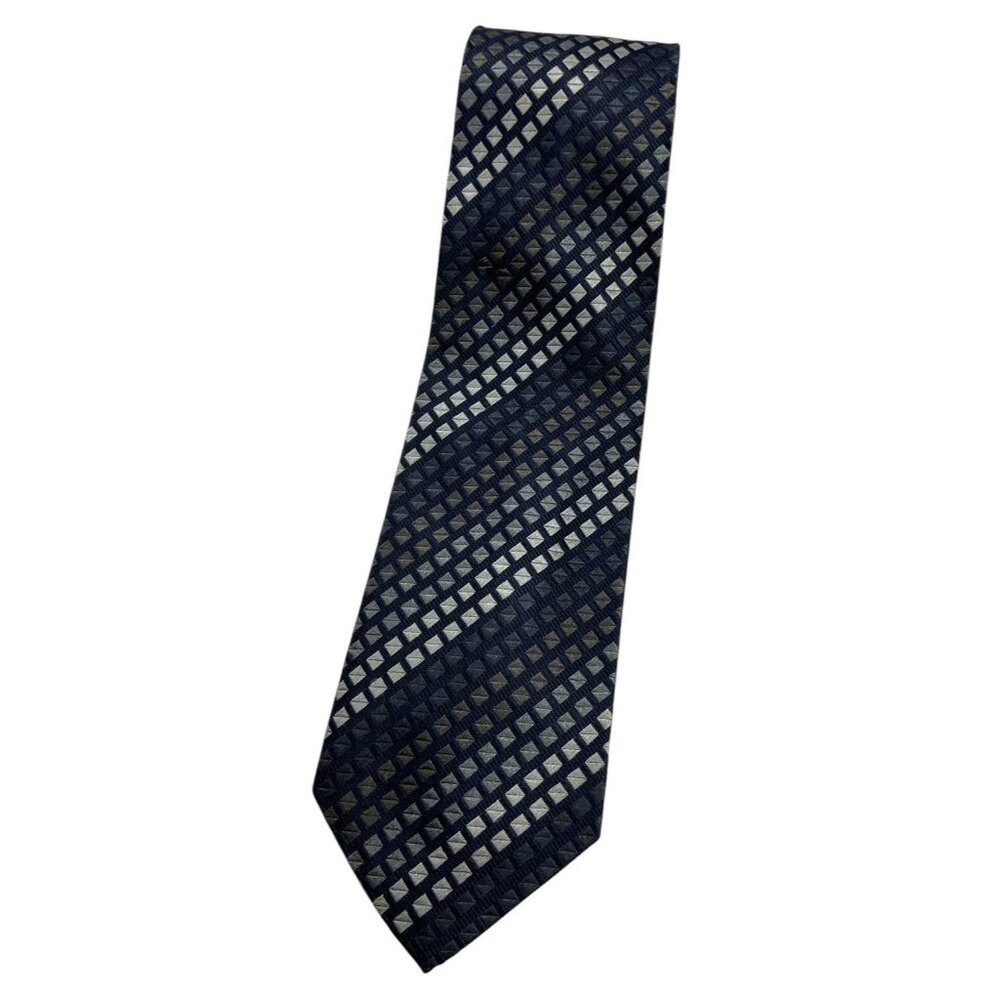 UNGARO Men's 100% Silk Necktie LUXURY Tie Navy Gray Brown Geometric W:3.7" EUC
